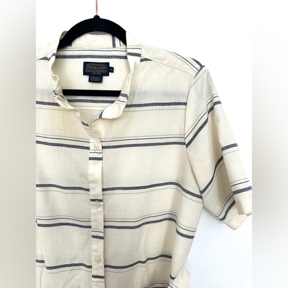 Pendleton Ivory Blue Striped Short Sleeve Wool Button Down Maxi Dress Sz M Belt - Picture 6 of 12